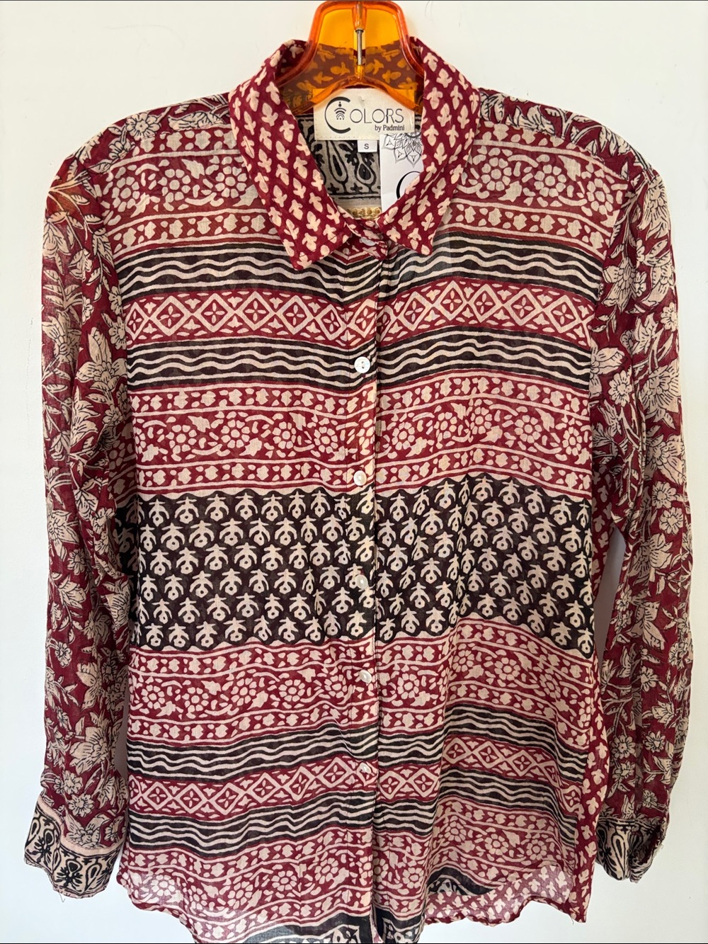Colors by Padmini blouse, maroon/black/ cream print, cotton, gold accent, size S